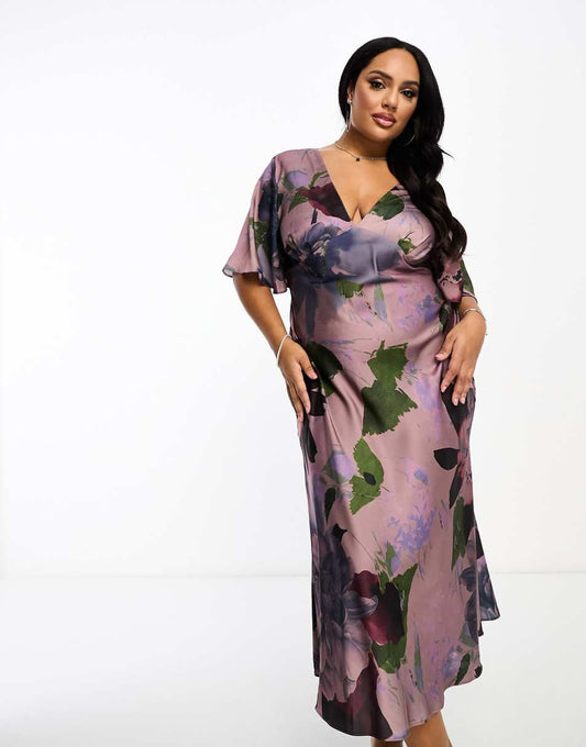 ASOS DESIGN Curve Exclusive satin flutter sleeve midi dress in lilac floral print