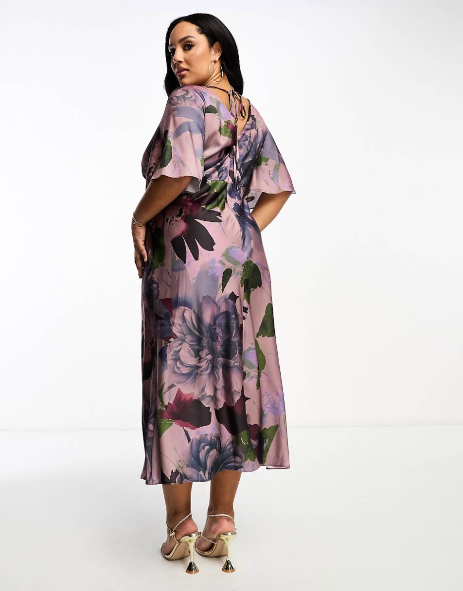 ASOS DESIGN Curve Exclusive satin flutter sleeve midi dress in lilac floral print