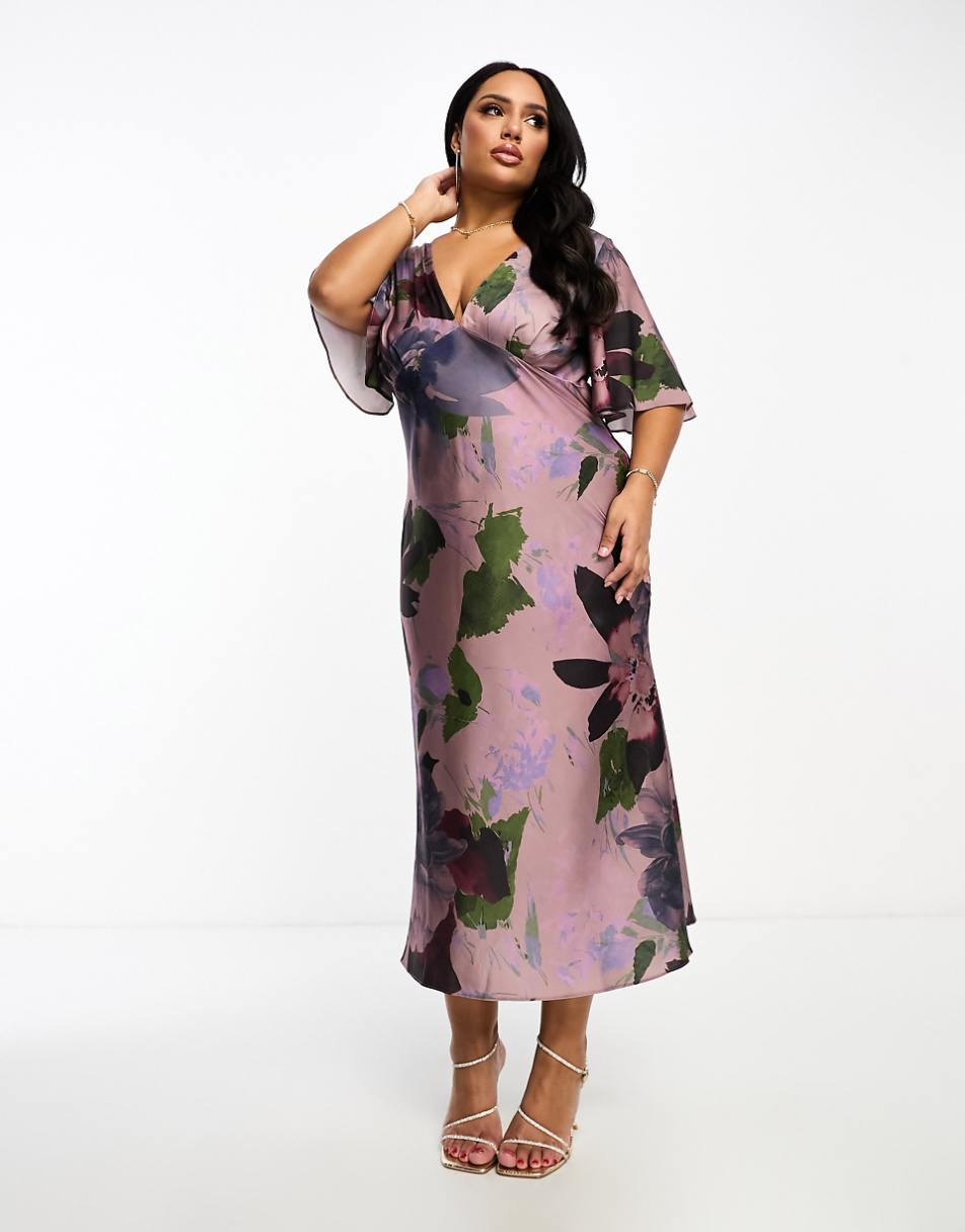 ASOS DESIGN Curve Exclusive satin flutter sleeve midi dress in lilac floral print