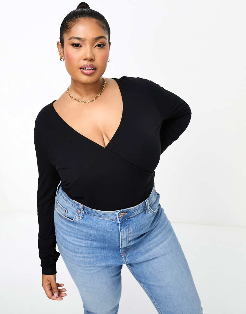 ASOS DESIGN Curve long sleeve wrap top in black