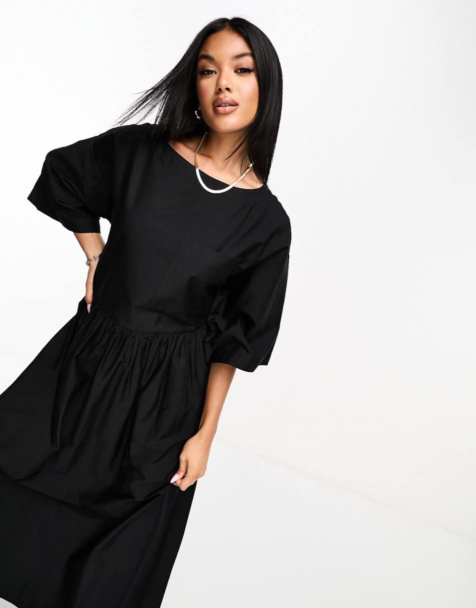 ASOS DESIGN poplin midi t-shirt smock dress in black