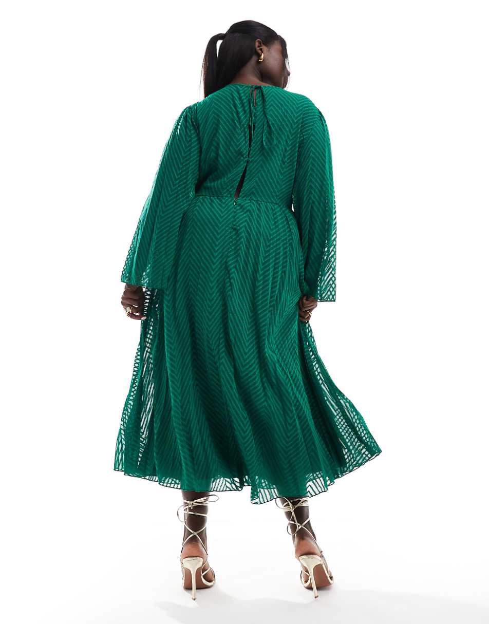 ASOS DESIGN Curve tie back fluted sleeve pleated chevron chiffon midi dress in green