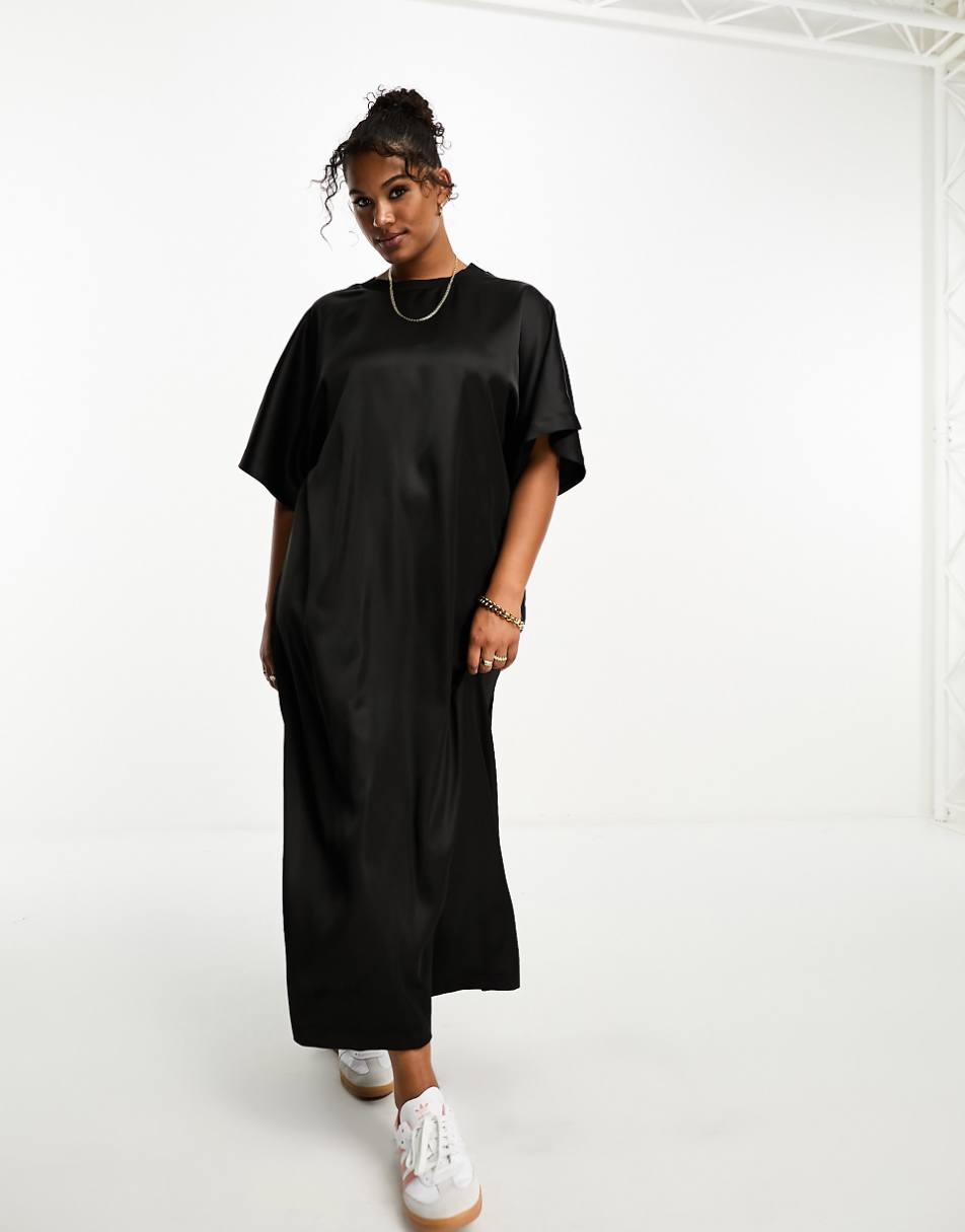 ASOS DESIGN Curve satin oversized midi T-shirt dress in black