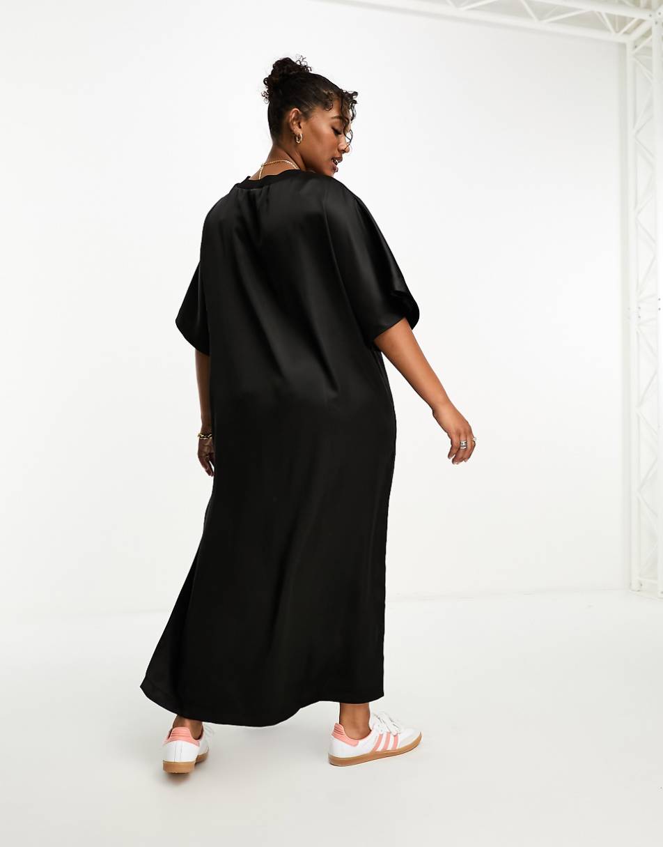 ASOS DESIGN Curve satin oversized midi T-shirt dress in black