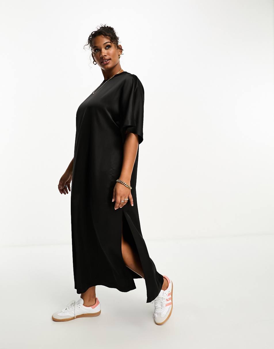 ASOS DESIGN Curve satin oversized midi T-shirt dress in black