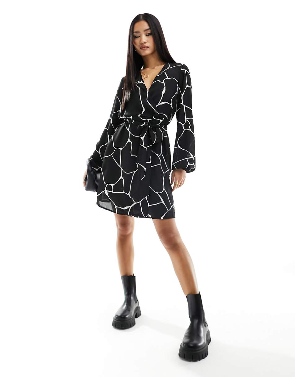 Vila wrap mini dress in mono print