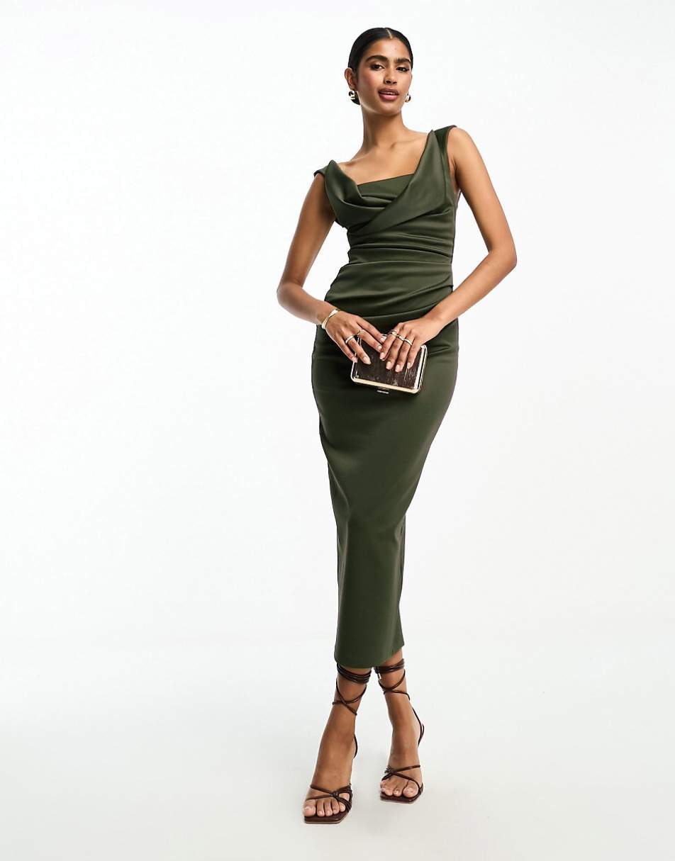 ASOS DESIGN square neck pleat bust midi pencil dress in deep green