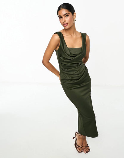 ASOS DESIGN square neck pleat bust midi pencil dress in deep green