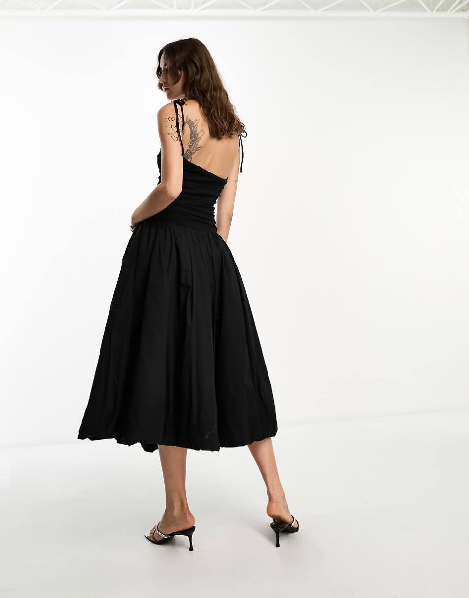 Amy Lynn Alexa shoulder tie puffball midi dress in black