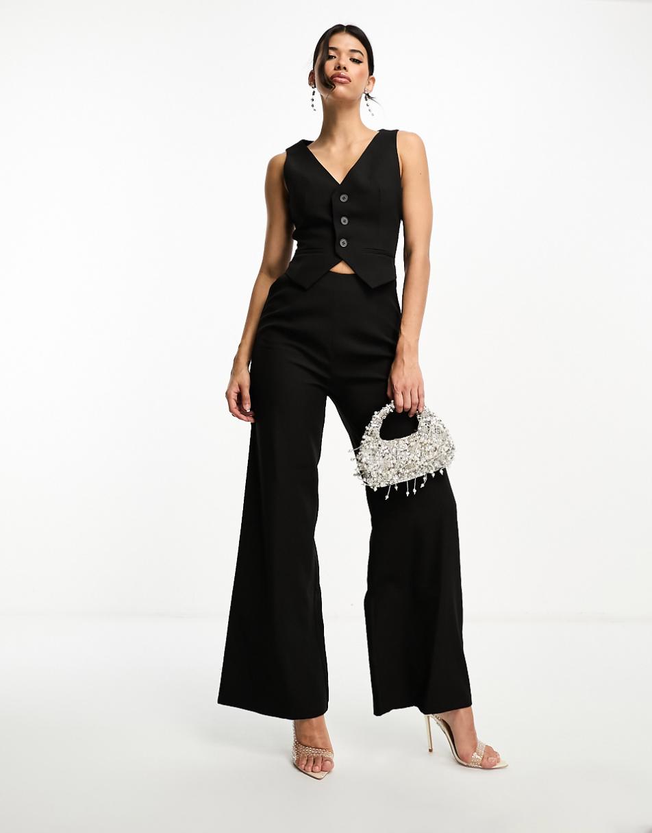 Kaiia sleeveless wide leg vest jumpsuit in black