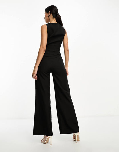 Kaiia sleeveless wide leg vest jumpsuit in black