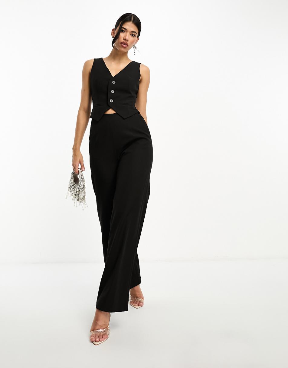 Kaiia sleeveless wide leg vest jumpsuit in black