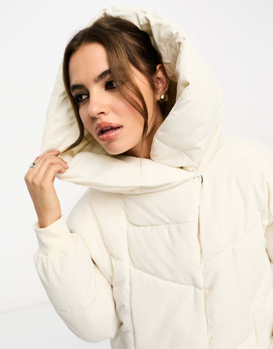 Noisy May padded jacket with oversized hood in cream