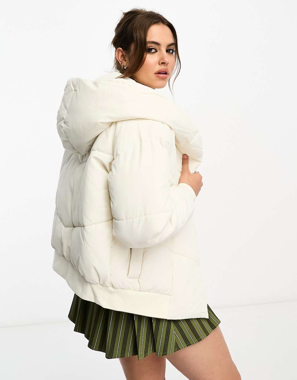 Noisy May padded jacket with oversized hood in cream