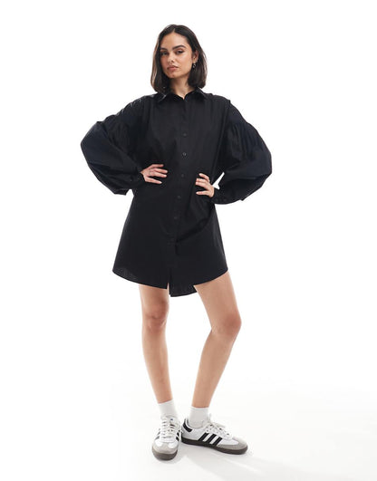 ASOS DESIGN ultimate boyfriend mini shirt dress with volume sleeve in black