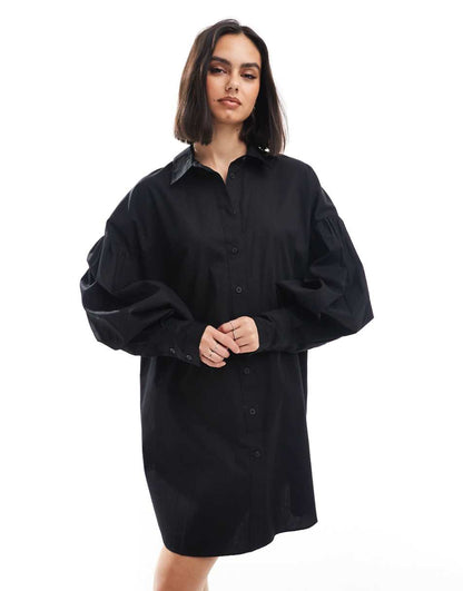 ASOS DESIGN ultimate boyfriend mini shirt dress with volume sleeve in black
