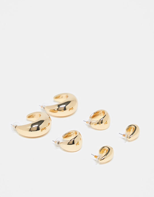 ASOS DESIGN 3-pack hoop earrings with sleek wide design in gold tone