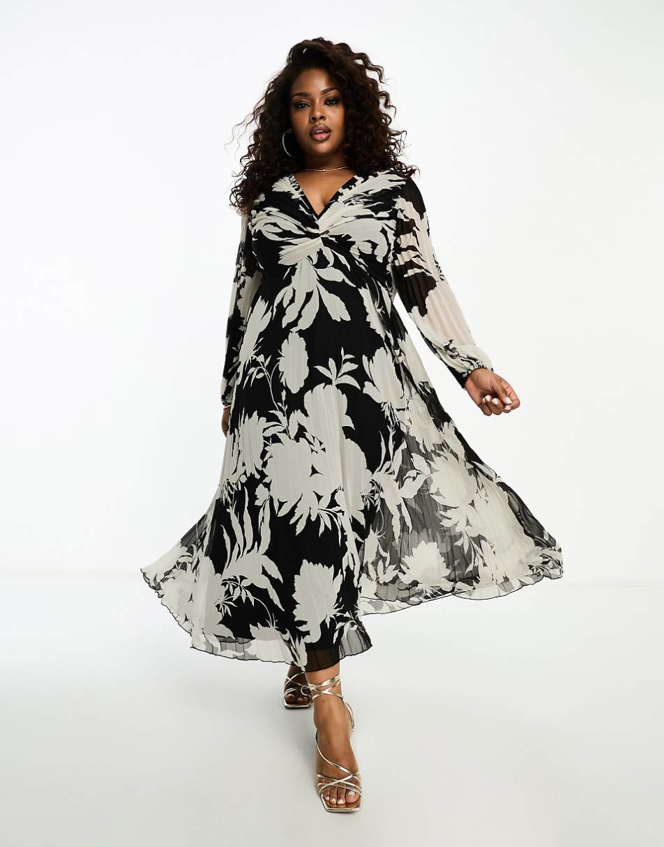 ASOS DESIGN Curve pleated bodice plunge neck midi dress in mono floral print