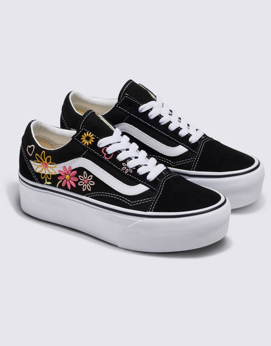 Vans Old Skool stackform sneakers with floral embroidery in black and white