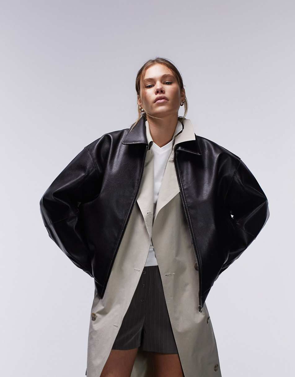 Topshop faux leather oversized bomber jacket in black