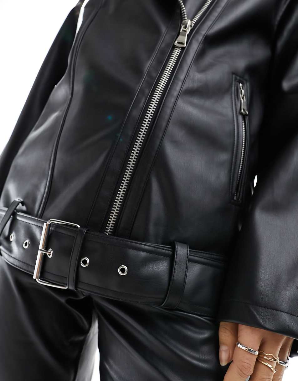 ASOS DESIGN longline oversized faux leather biker jacket in black