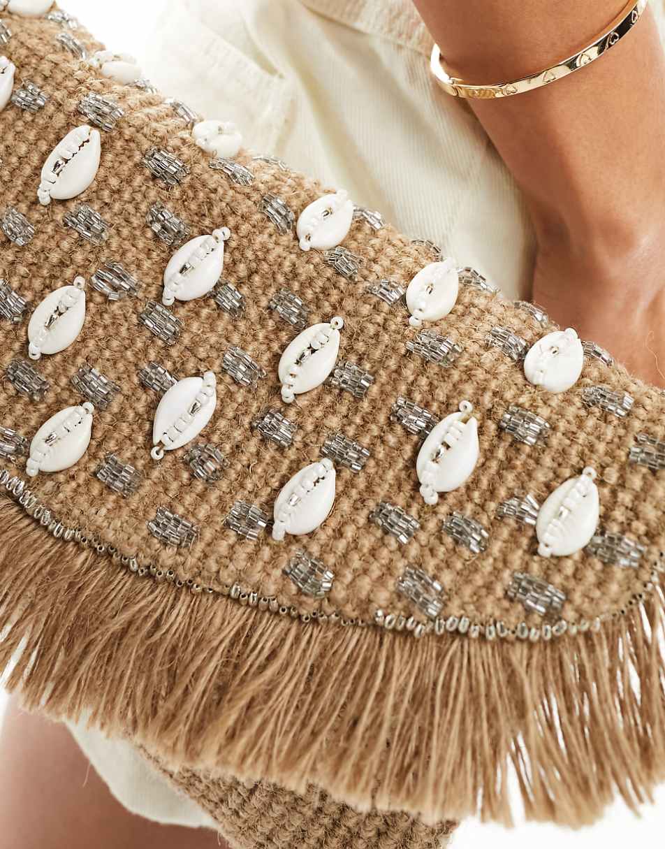 Glamorous embellished shell beachy clutch bag in natural
