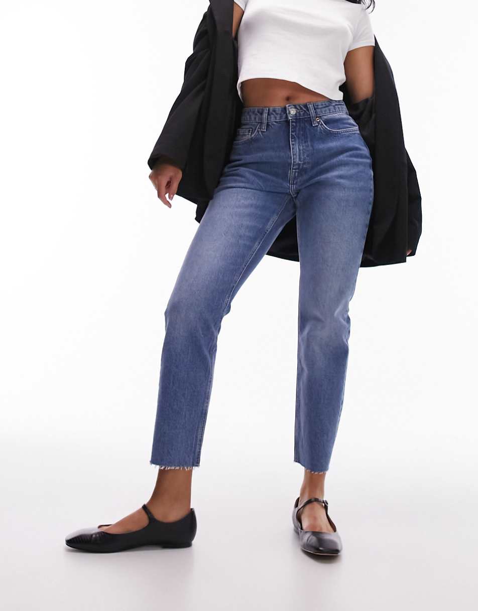 Topshop Hourglass cropped mid rise straight jeans with raw hems in mid blue