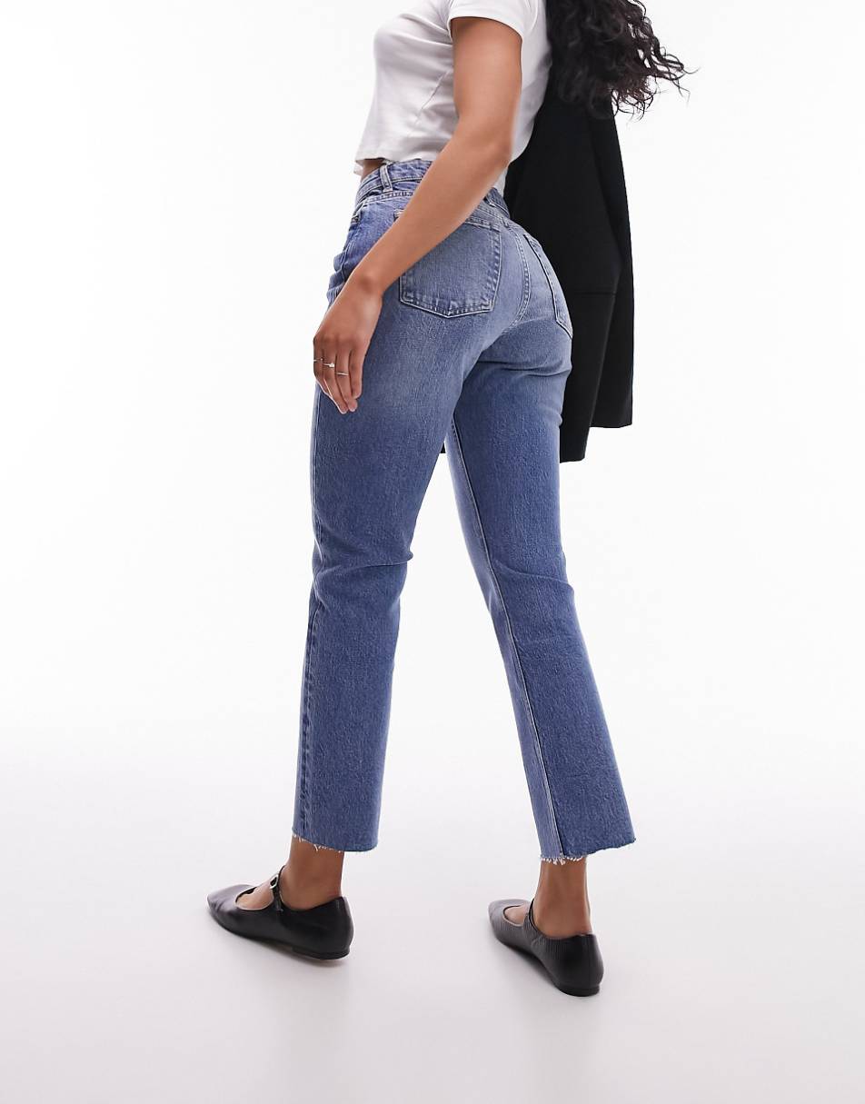 Topshop Hourglass cropped mid rise straight jeans with raw hems in mid blue