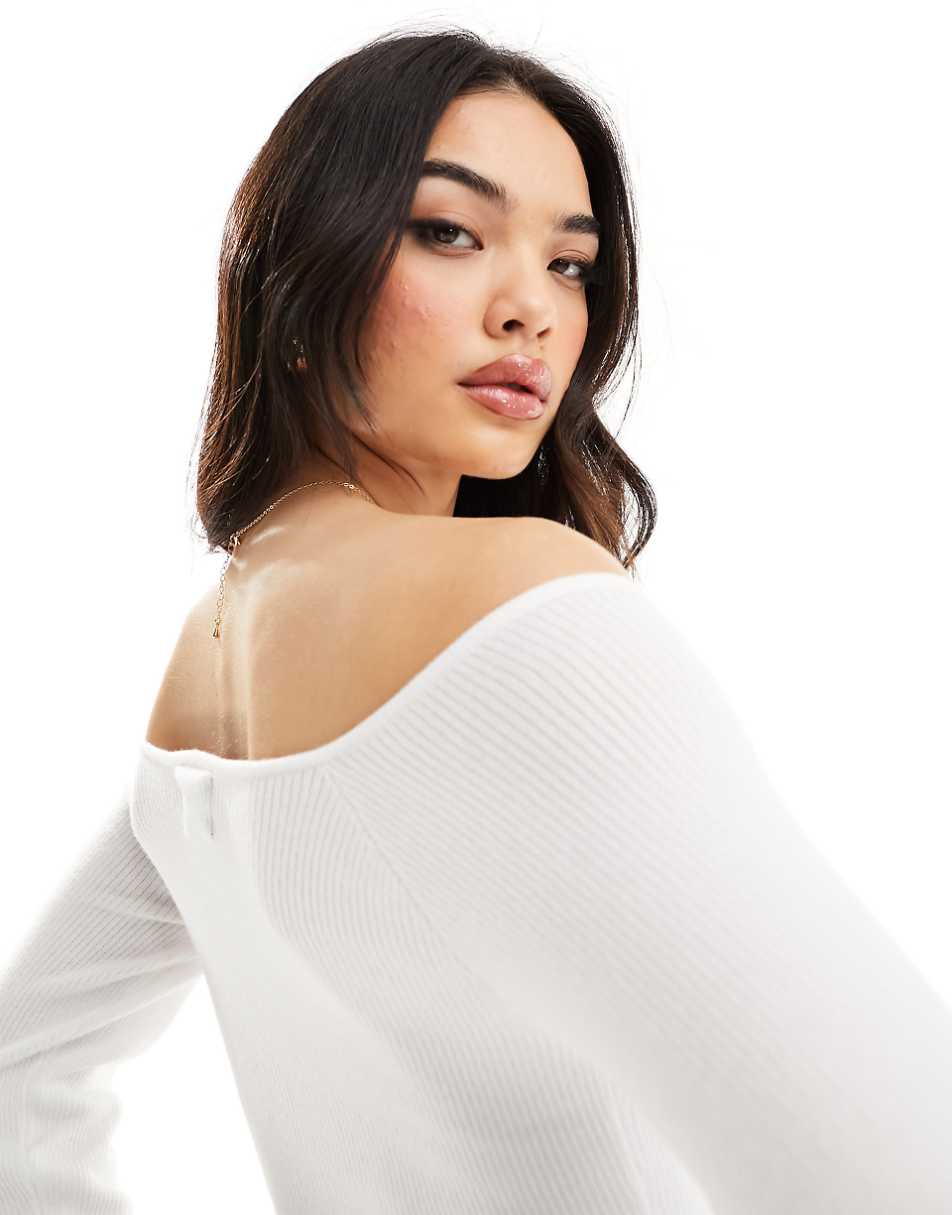 ASOS DESIGN knit off shoulder bardot top in white