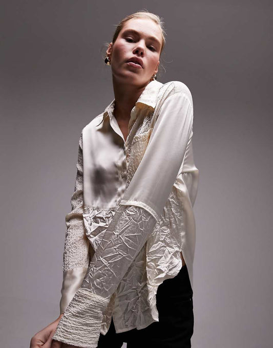 Topshop crinkle satin lace patchwork shirt in ivory