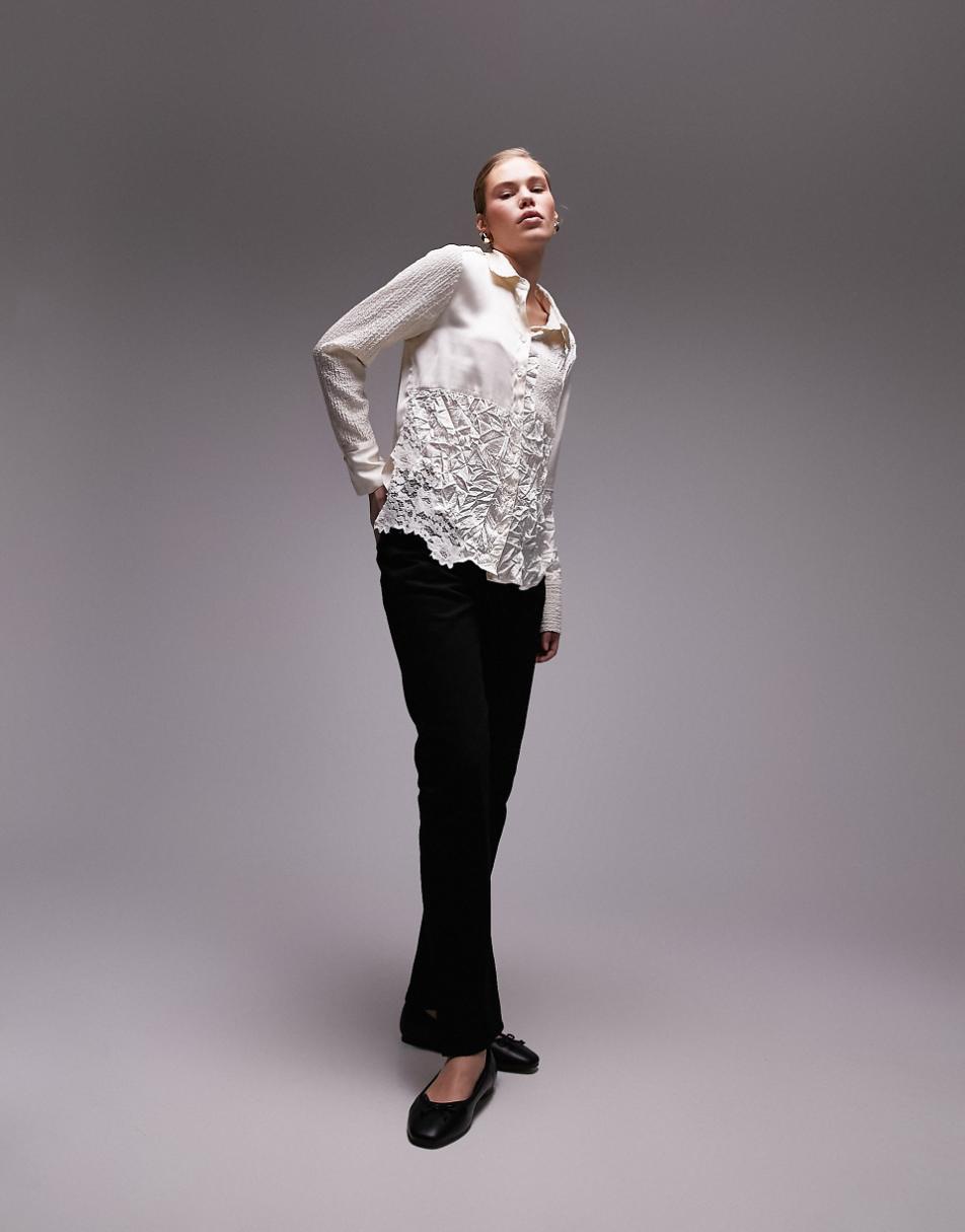 Topshop crinkle satin lace patchwork shirt in ivory