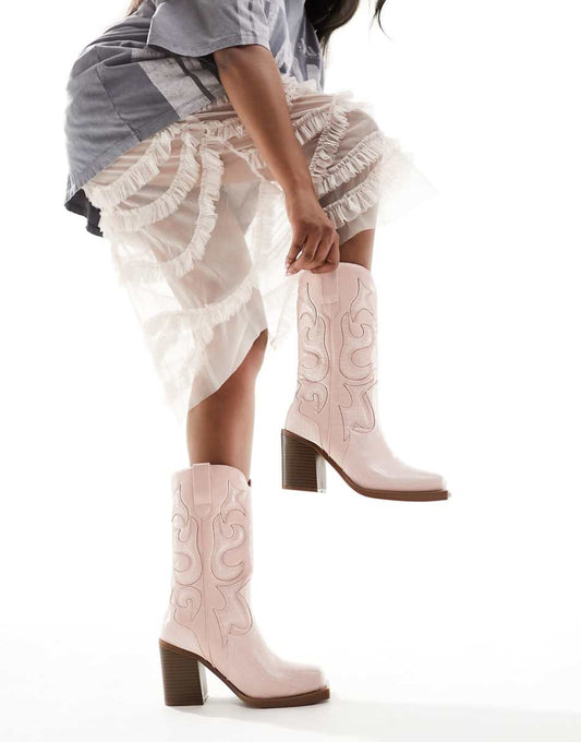 Public Desire Texas western mid ankle boot with snake print in pink