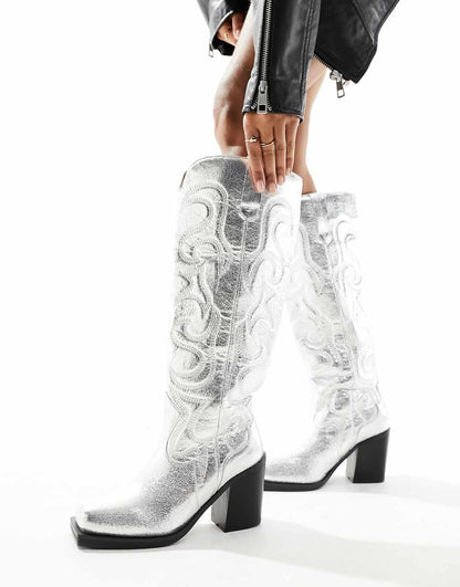 Public Desire Austine knee boots with western stitching in metallic silver