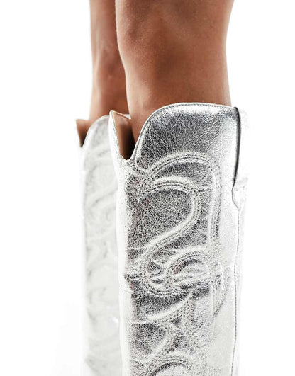 Public Desire Austine knee boots with western stitching in metallic silver