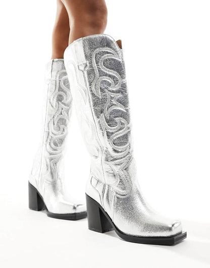 Public Desire Austine knee boots with western stitching in metallic silver