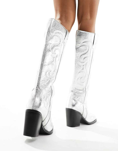Public Desire Austine knee boots with western stitching in metallic silver