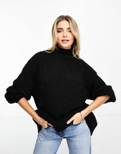 Monki high neck chunky rib knitted sweater with volume sleeve in black