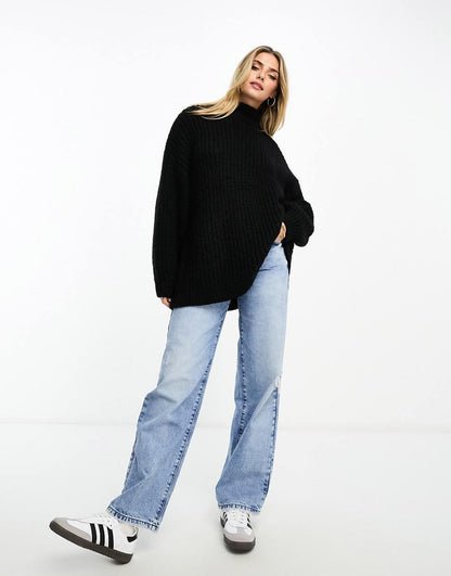 Monki high neck chunky rib knitted sweater with volume sleeve in black