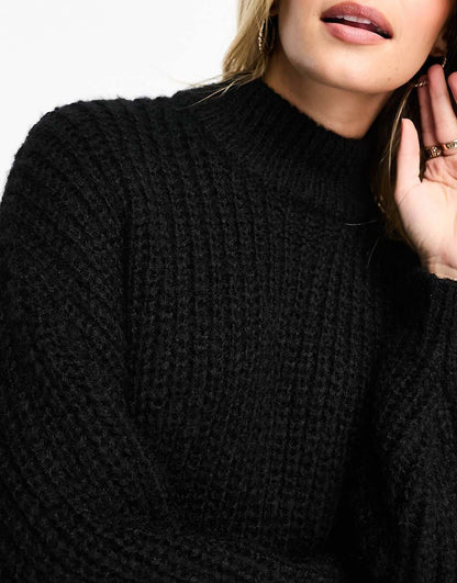 Monki high neck chunky rib knitted sweater with volume sleeve in black