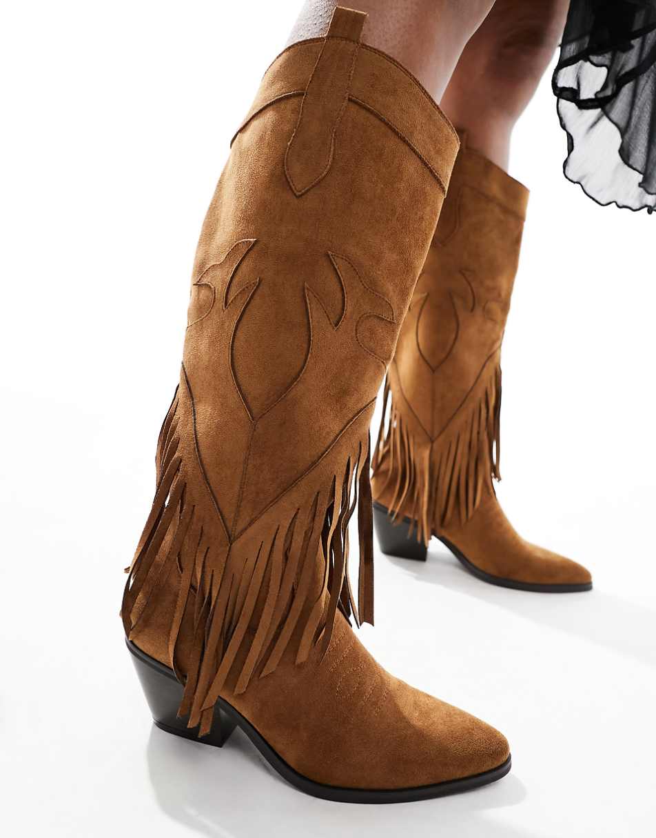 Glamorous knee tassel western boots in chestnut