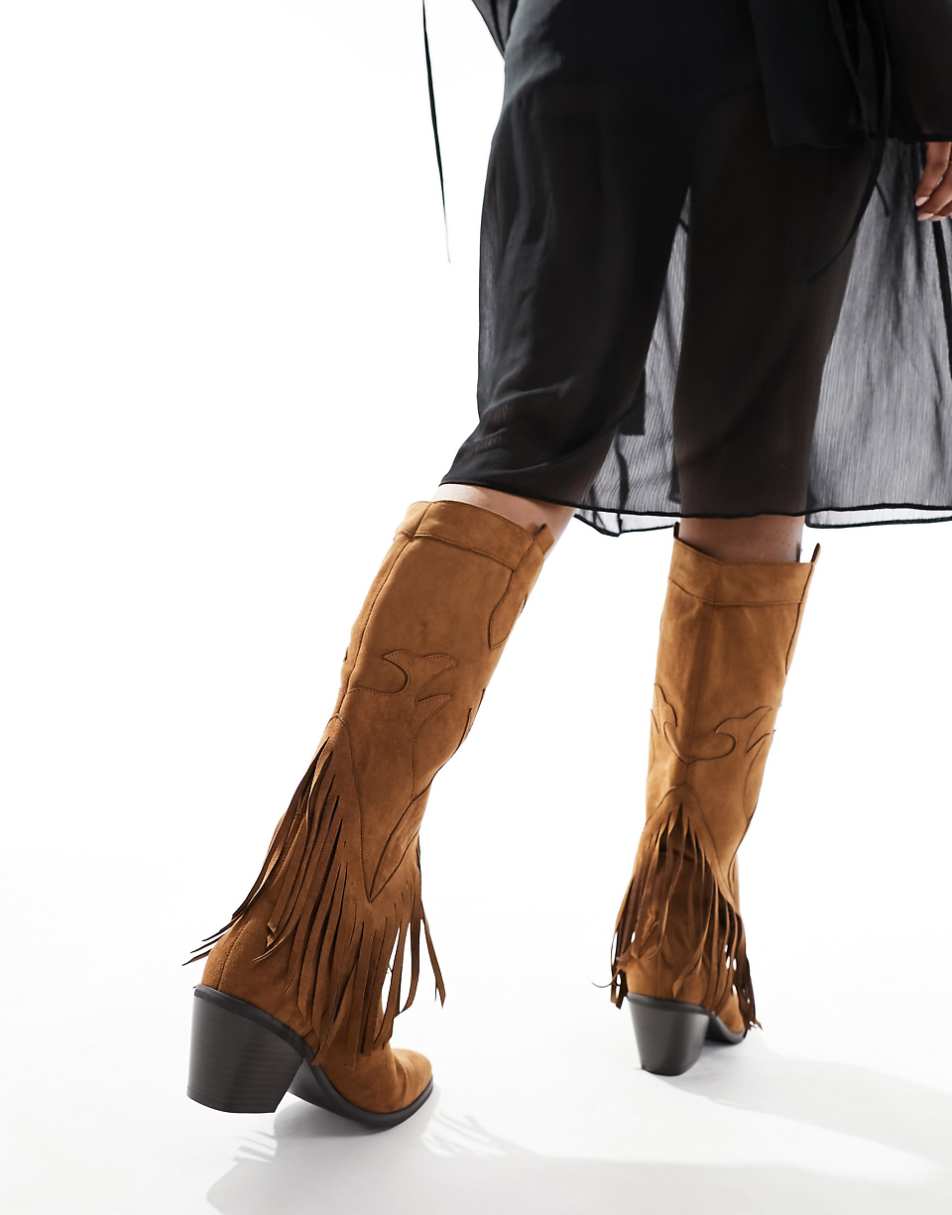 Glamorous knee tassel western boots in chestnut