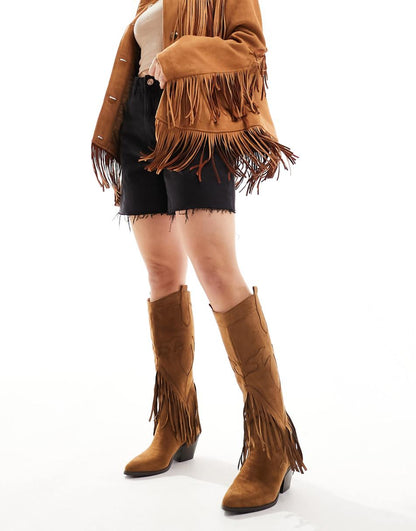 Glamorous Wide Fit knee tassel western boots in chestnut