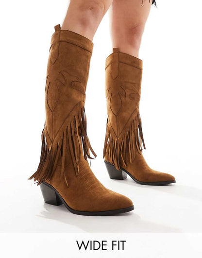 Glamorous Wide Fit knee tassel western boots in chestnut