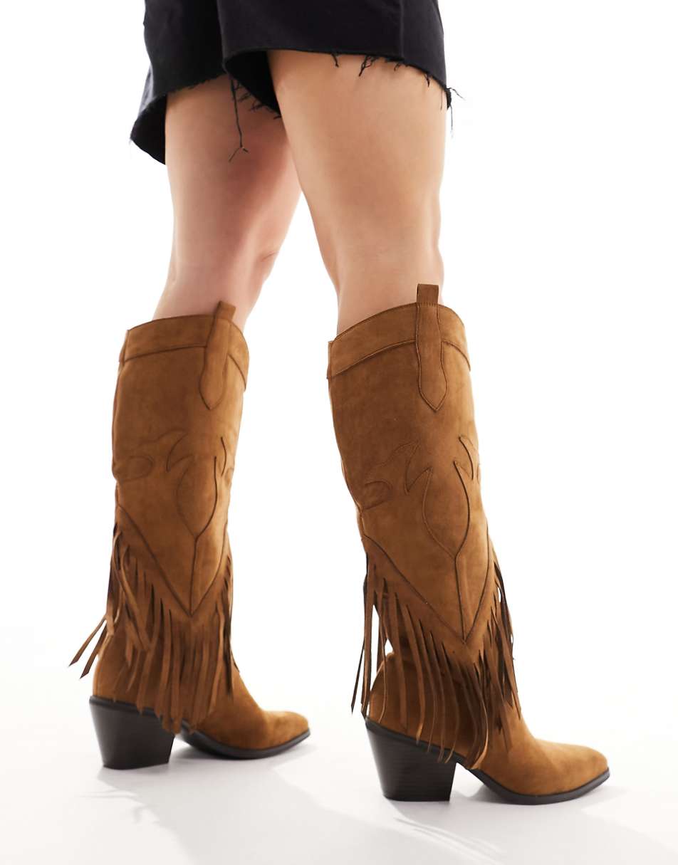 Glamorous Wide Fit knee tassel western boots in chestnut