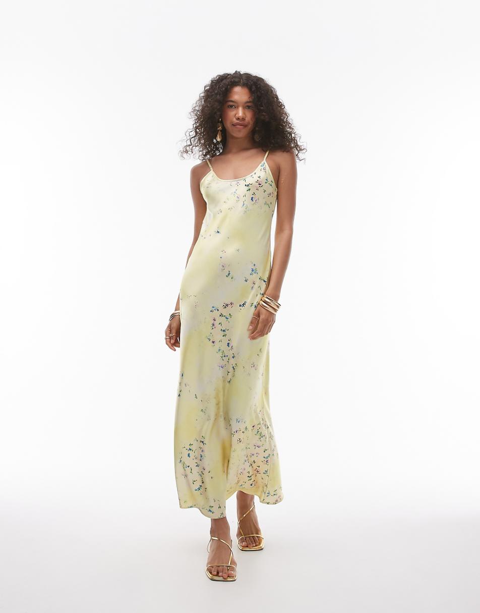 Topshop scoop maxi slip dress in mixed yellow floral print