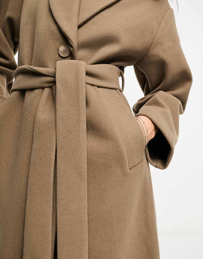 Monki belted oversized coat in taupe
