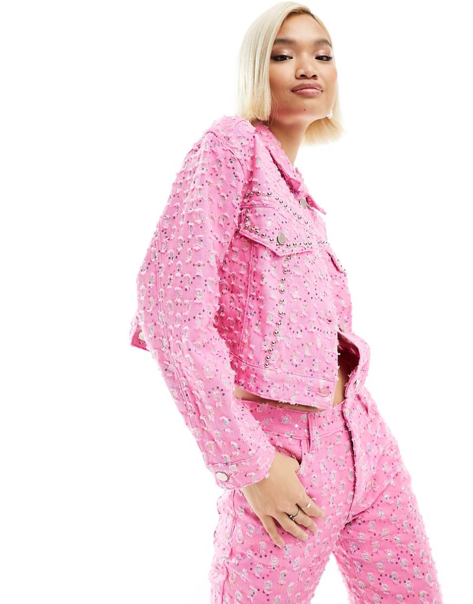 Labelrail x Dyspnea rodeo western embellished denim jacket in pink - part of a set