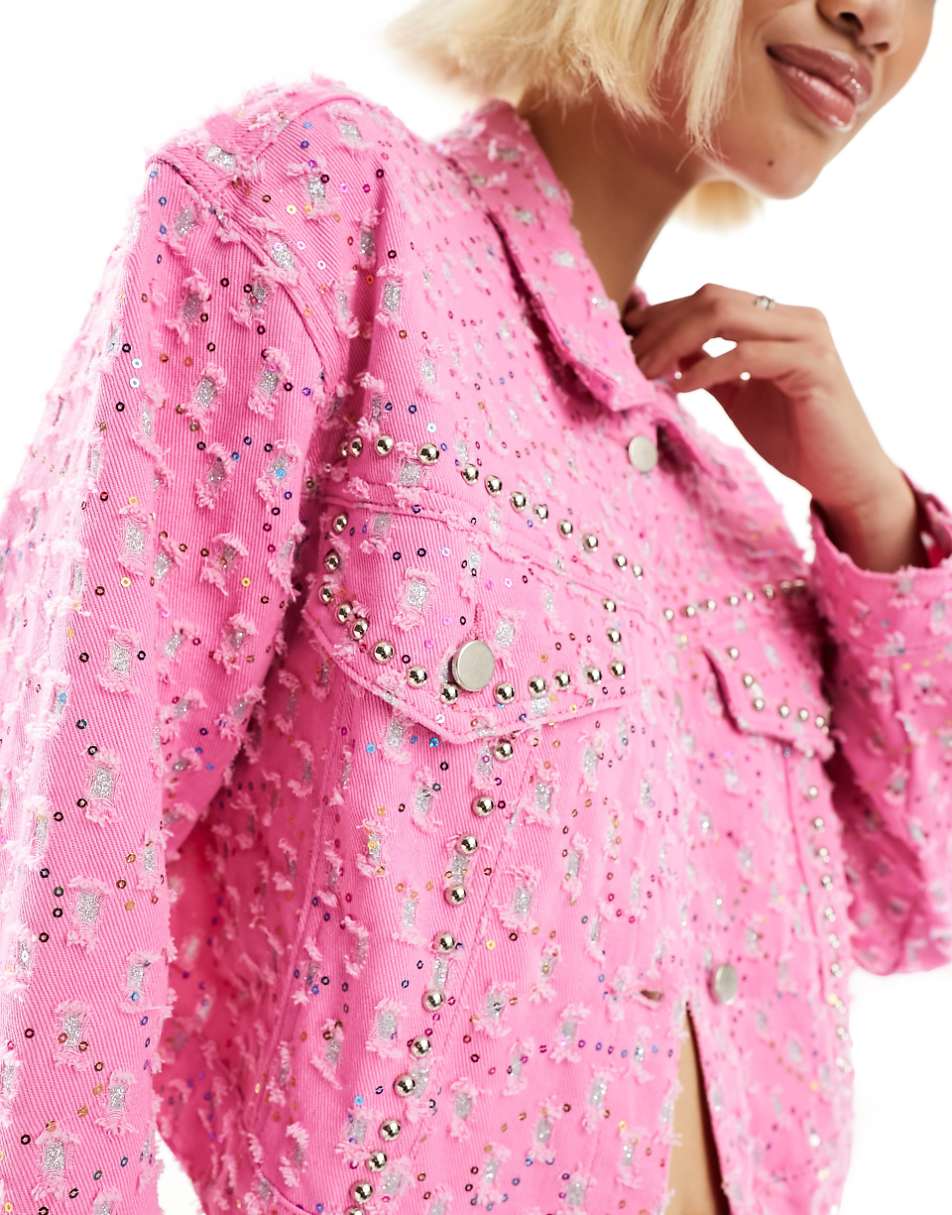 Labelrail x Dyspnea rodeo western embellished denim jacket in pink - part of a set