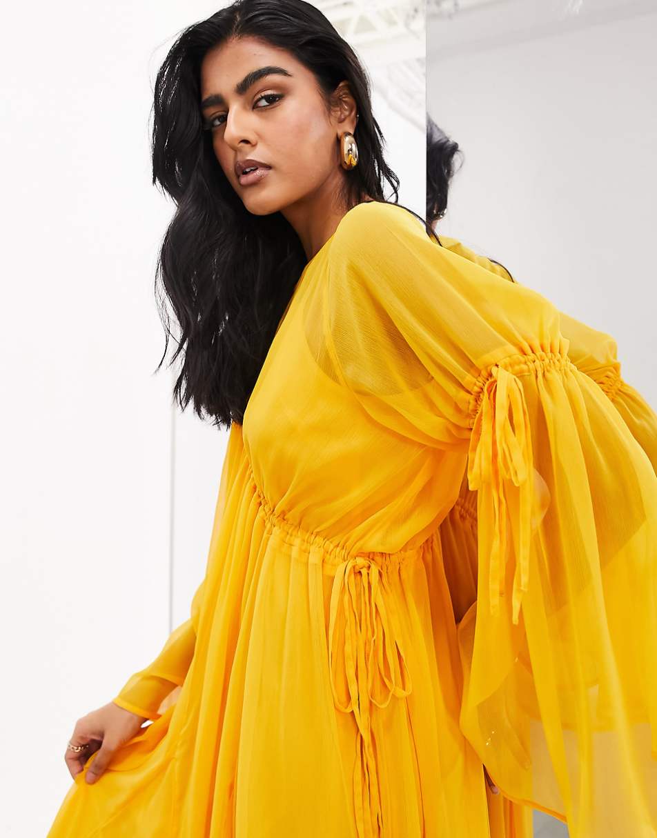 ASOS Edition long sleeve chiffon maxi dress with gathered detail in orange