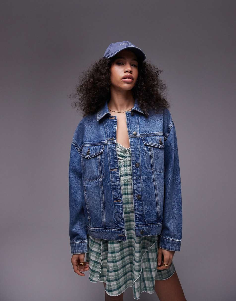 Topshop denim oversized jacket in mid blue